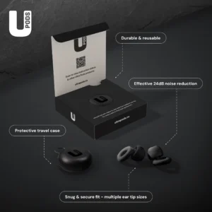 UPods ear plugs are durable and reusable, effective 24 dB noise reduction, come in a protective travel case.